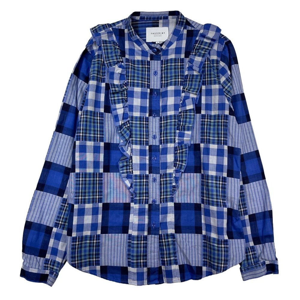 The Shirt Rochelle Behrens Ruffle Plaid Patchwork Button Shirt Size L Blue